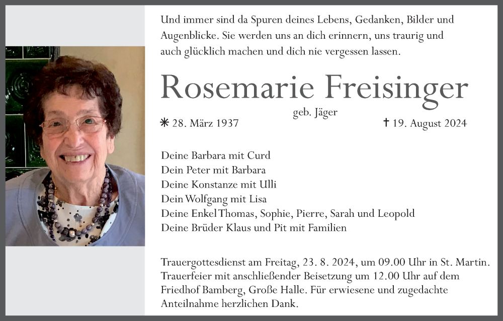  Traueranzeige für Rosemarie Freisinger vom 21.08.2024 aus MGO