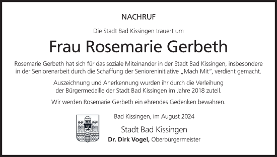 Anzeige von Rosemarie Gerbeth von MGO