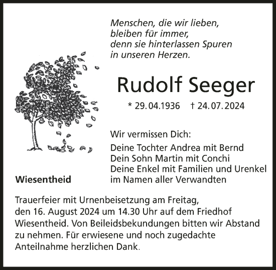 Anzeige von Rudolf Seeger von MGO