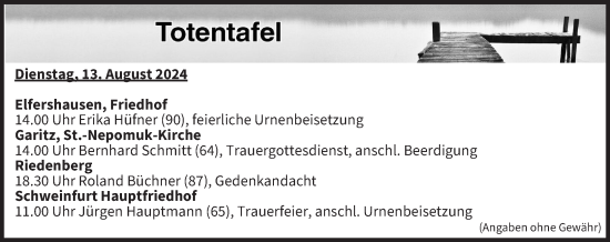 Anzeige von Totentafel vom 13.08.2024 von MGO