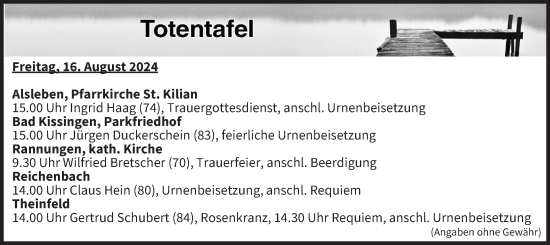 Anzeige von Totentafel vom 16.08.2024 von MGO