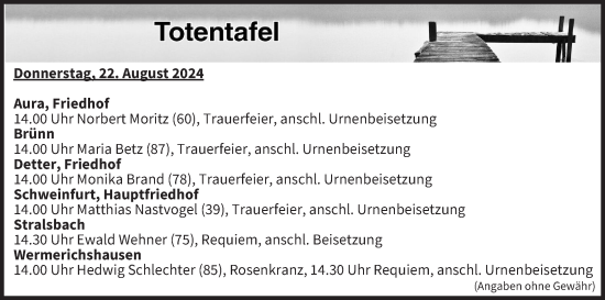 Anzeige von Totentafel vom 22.08.2024 von MGO