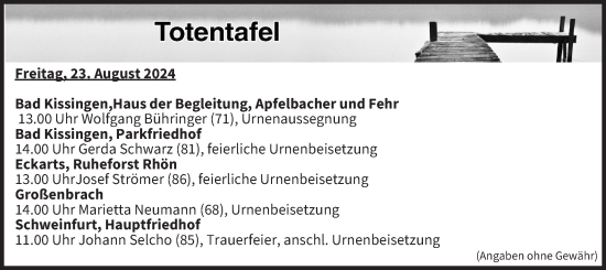 Anzeige von Totentafel vom 23.08.2024 von MGO