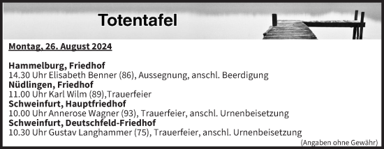 Anzeige von Totentafel vom 26.08.2024 von MGO