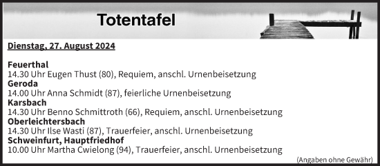 Anzeige von Totentafel vom 27.08.2024 von MGO