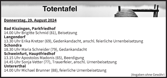 Anzeige von Totentafel vom 29.08.2024 von MGO