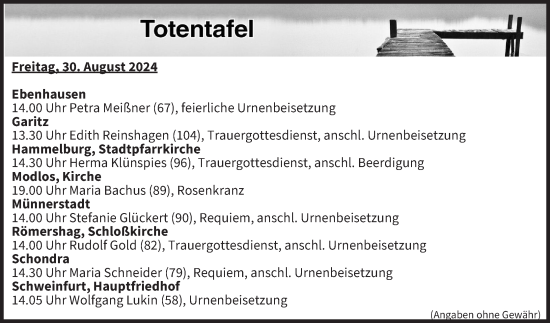 Anzeige von Totentafel vom 30.08.2024 von MGO