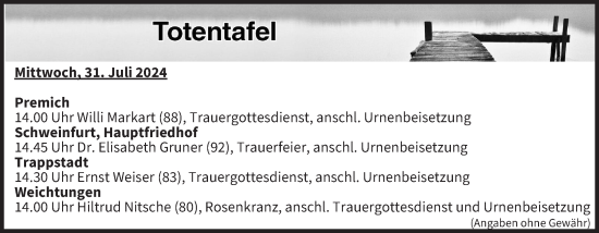 Anzeige von Totentafel vom 31.07.2024 von MGO