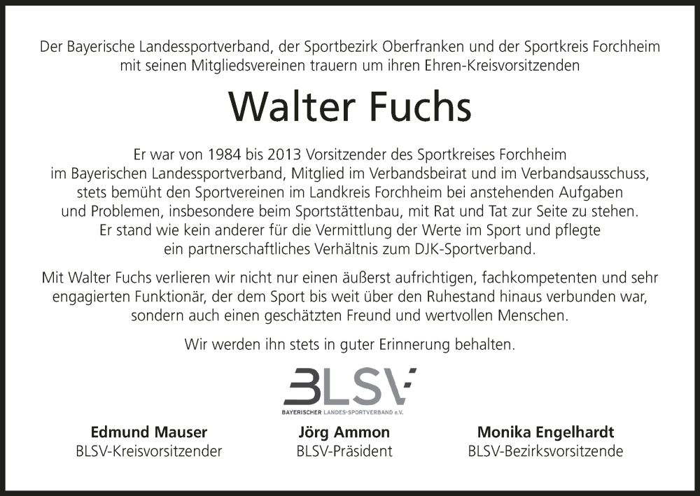  Traueranzeige für Walter Fuchs vom 31.08.2024 aus MGO