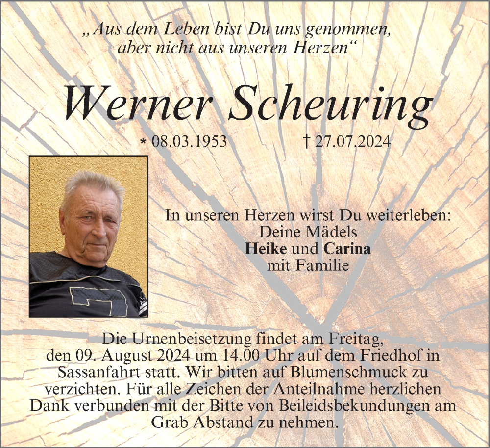  Traueranzeige für Werner Scheuring vom 07.08.2024 aus MGO