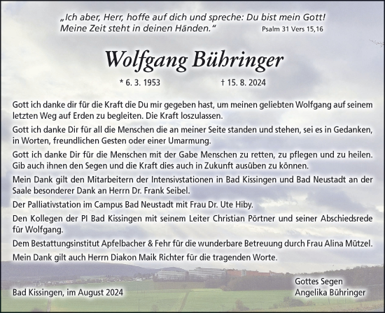 Traueranzeige von Wolfgang Bühringer