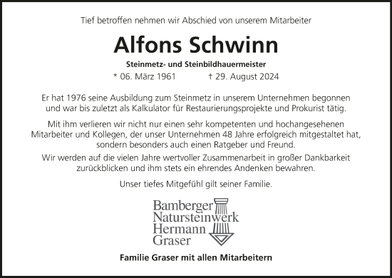 Anzeige von Alfons Schwinn von MGO