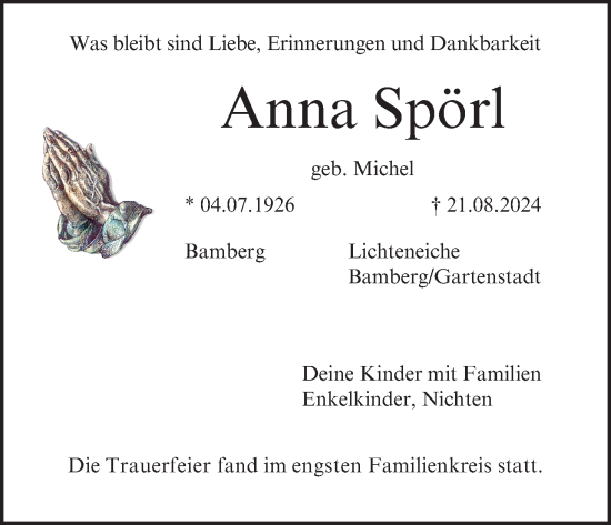 Traueranzeige von Anna Spörl