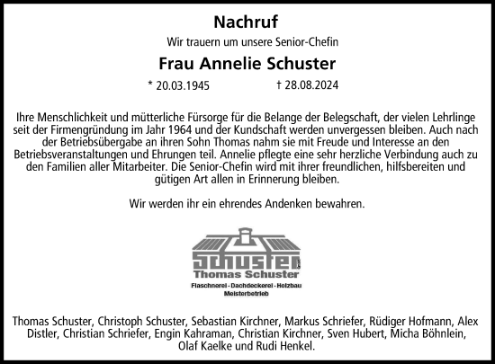 Anzeige von Annelie Schuster von MGO