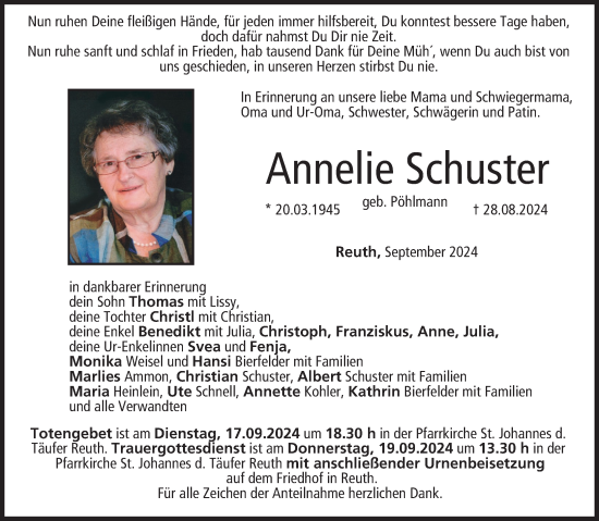 Anzeige von Annelie Schuster von MGO