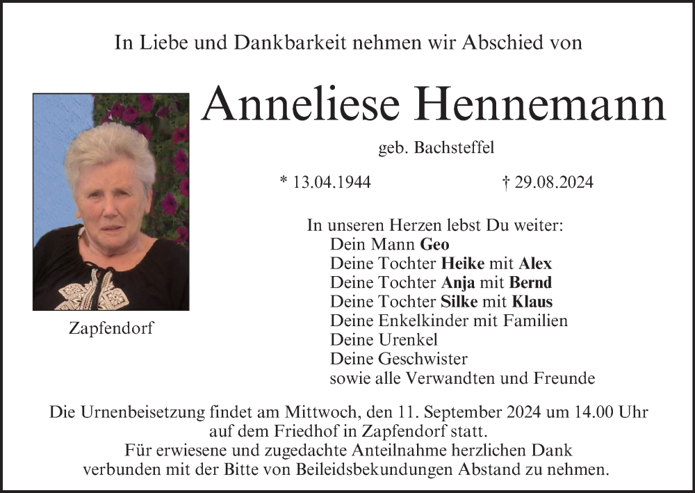  Traueranzeige für Anneliese Hennemann vom 07.09.2024 aus MGO