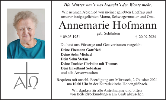 Anzeige von Annemarie Hofmann von MGO