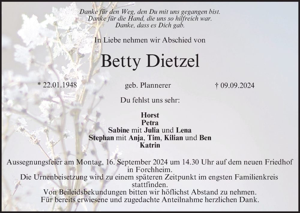  Traueranzeige für Betty Dietzel vom 14.09.2024 aus MGO