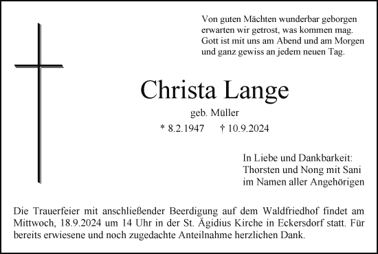 Anzeige von Christa Lange von MGO