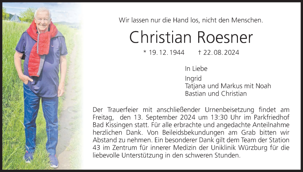  Traueranzeige für Christian Roesner vom 07.09.2024 aus MGO