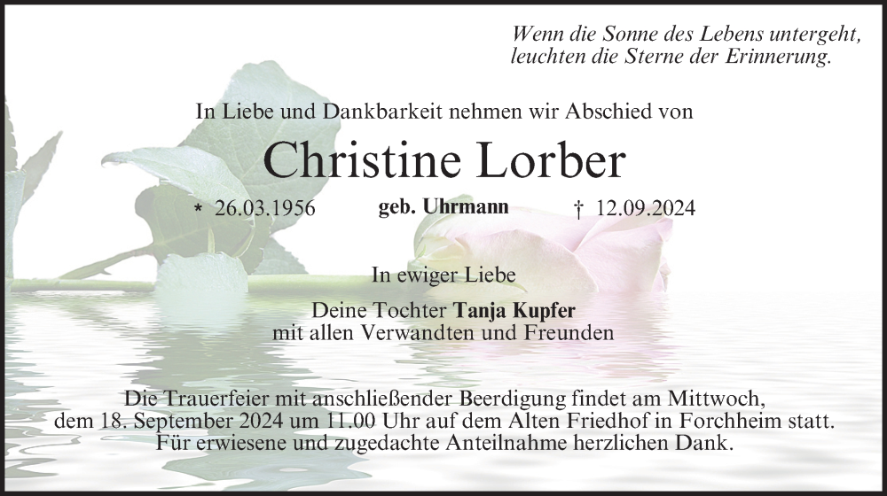  Traueranzeige für Christine Lorber vom 14.09.2024 aus MGO