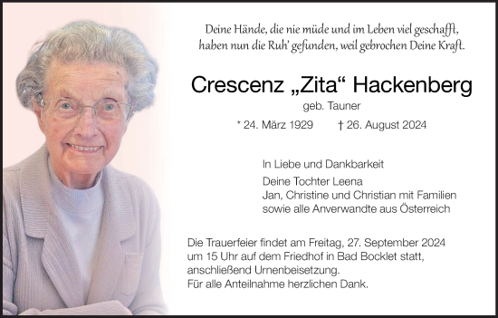 Anzeige von Crescenz Hackenberg von MGO