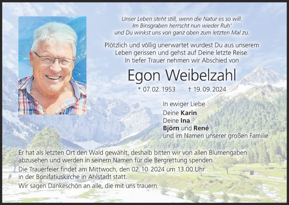  Traueranzeige für Egon Weibelzahl vom 28.09.2024 aus MGO