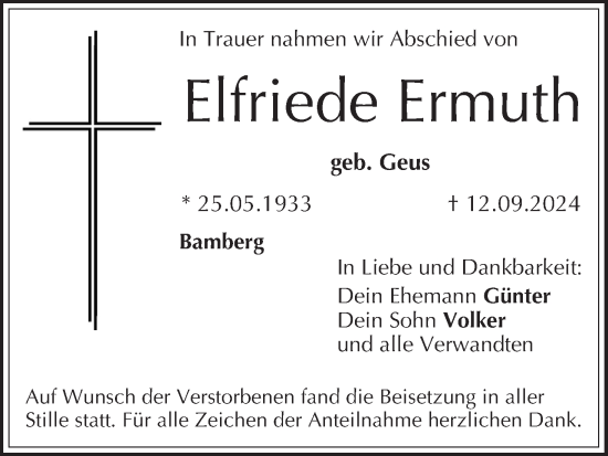 Anzeige von Elfriede Ermuth von MGO