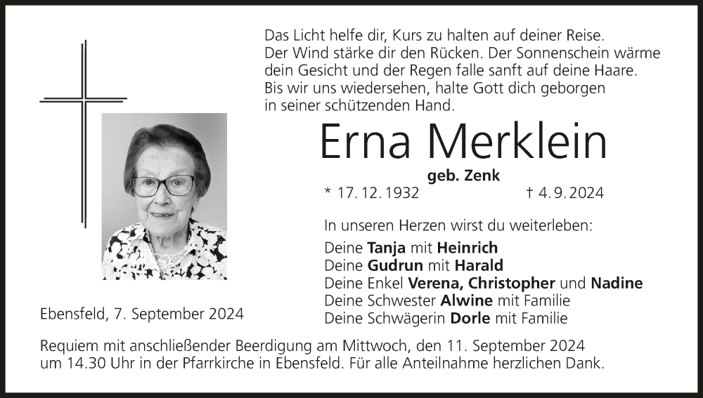  Traueranzeige für Erna Merklein vom 07.09.2024 aus MGO