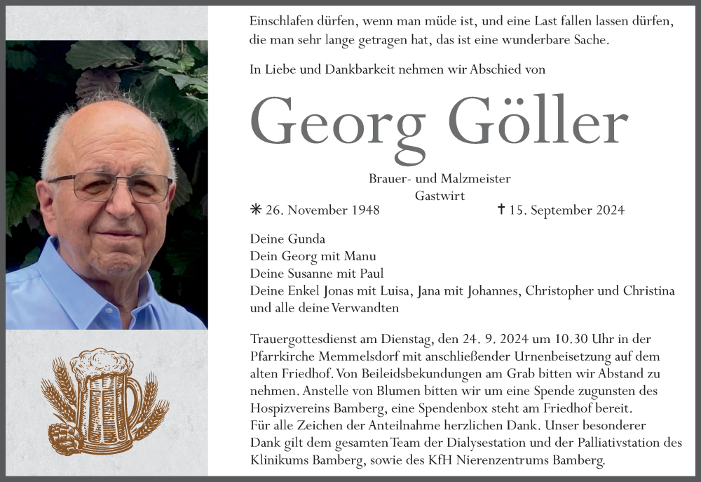  Traueranzeige für Georg Göller vom 18.09.2024 aus MGO