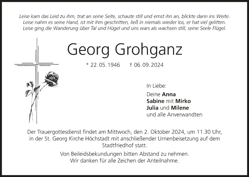  Traueranzeige für Georg Grohganz vom 28.09.2024 aus MGO