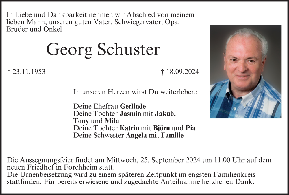  Traueranzeige für Georg Schuster vom 21.09.2024 aus MGO