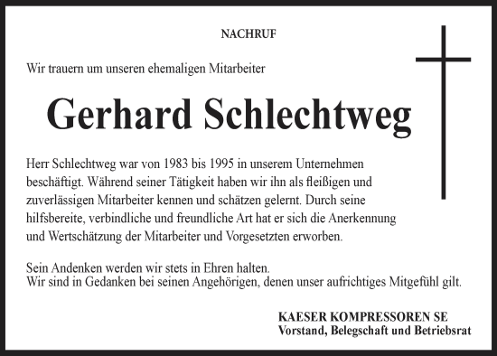 Anzeige von Gerhard Schlechtweg von MGO