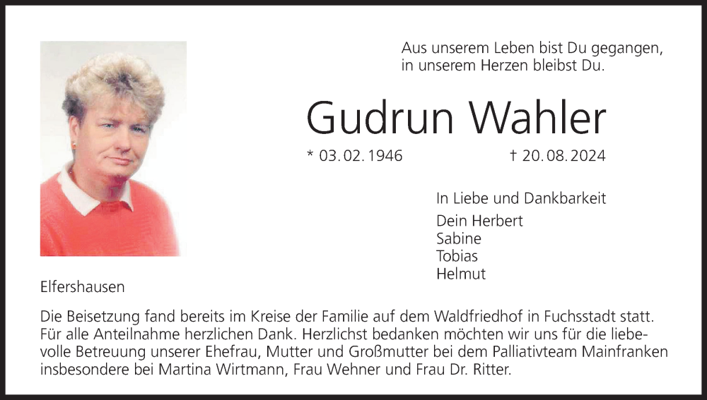  Traueranzeige für Gudrun Wahler vom 07.09.2024 aus MGO