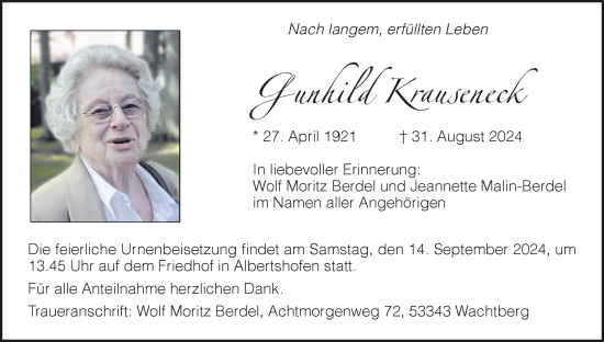 Anzeige von Gunhild Krauseneck von MGO