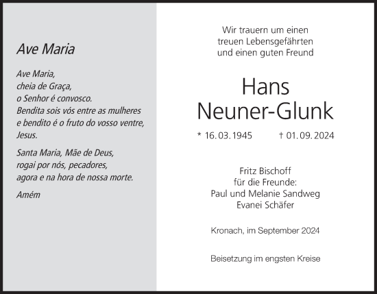 Anzeige von Hans Neuner-Glunk von MGO