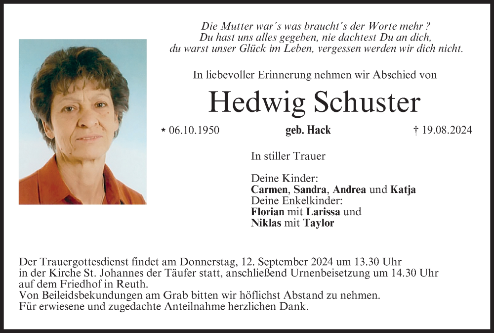  Traueranzeige für Hedwig Schuster vom 07.09.2024 aus MGO