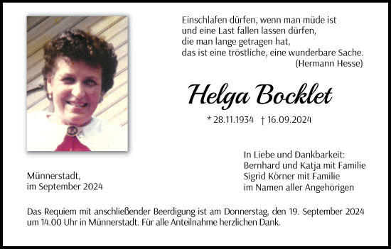 Anzeige von Helga Bocklet von MGO