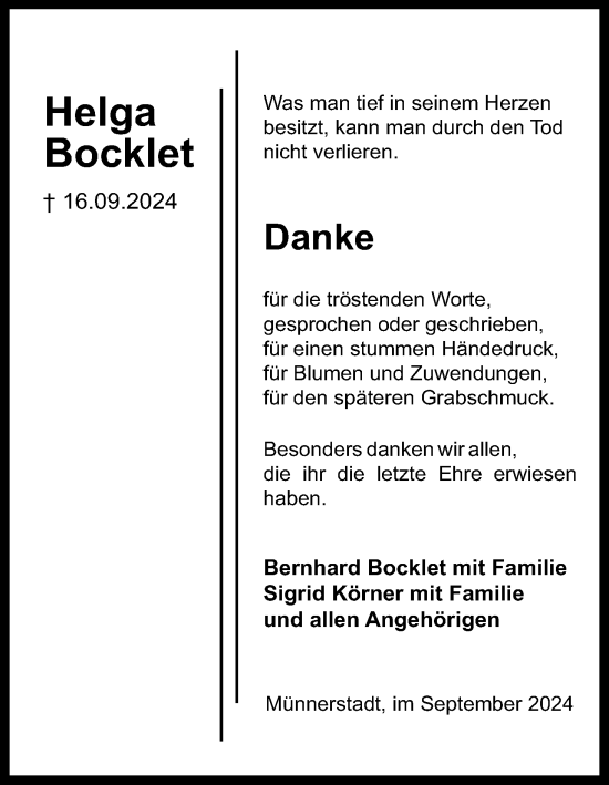 Anzeige von Helga Bocklet von MGO