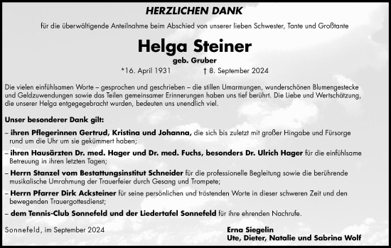 Anzeige von Helga Steiner von MGO