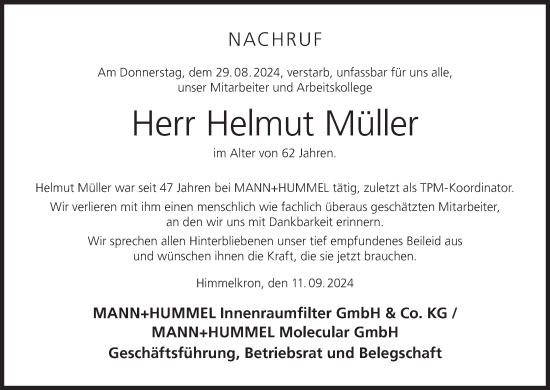 Anzeige von Helmut Müller von MGO