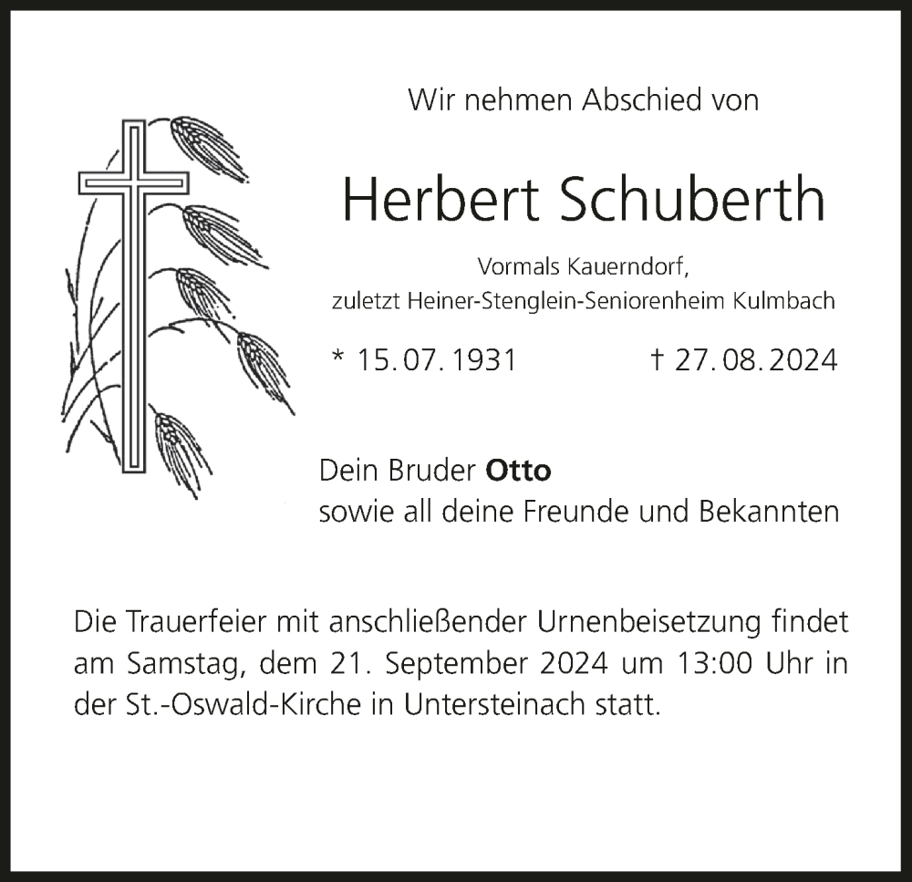  Traueranzeige für Herbert Schuberth vom 14.09.2024 aus MGO
