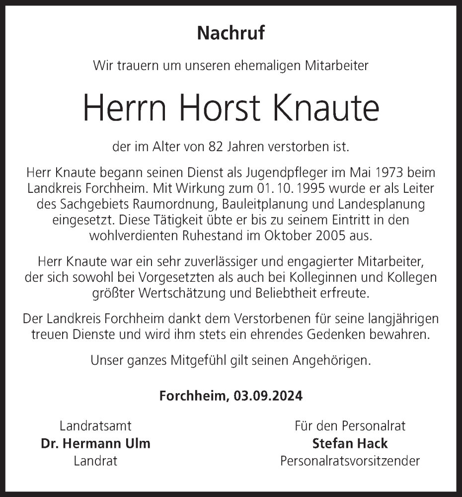  Traueranzeige für Horst Knaute vom 04.09.2024 aus MGO