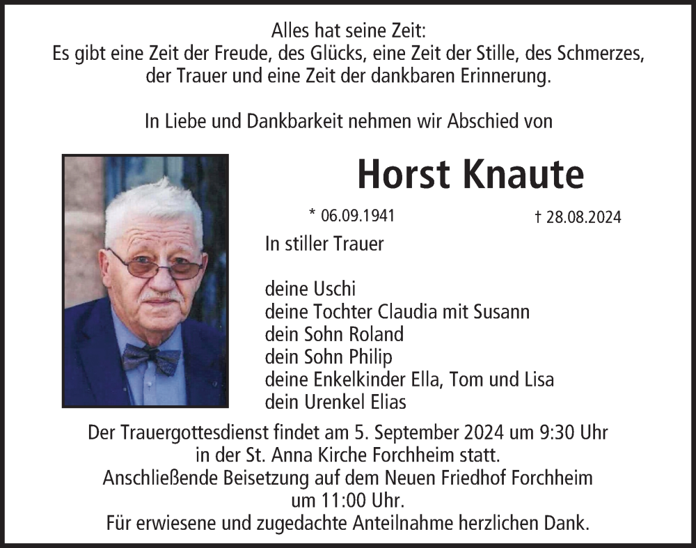  Traueranzeige für Horst Knaute vom 03.09.2024 aus MGO