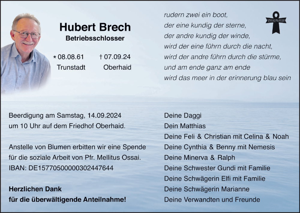  Traueranzeige für Hubert Brech vom 11.09.2024 aus MGO