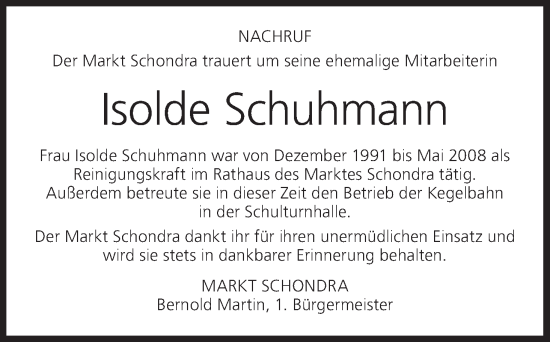 Anzeige von Isolde Schuhmann von MGO