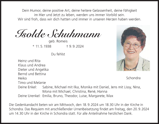 Anzeige von Isolde Schuhmann von MGO