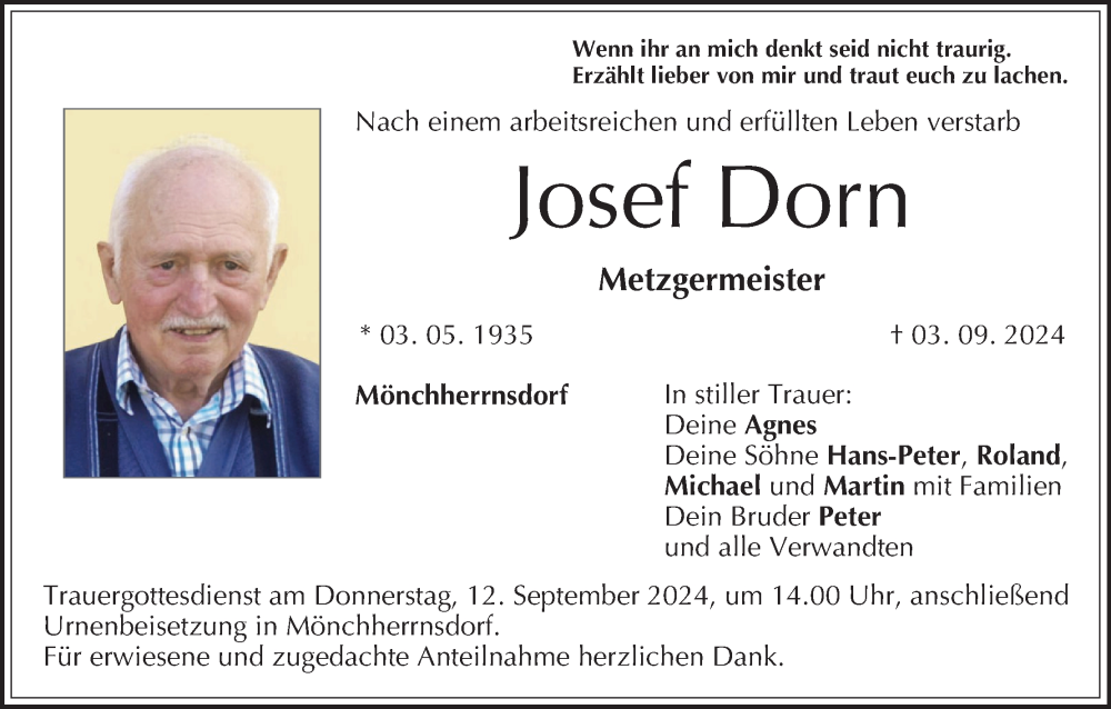  Traueranzeige für Josef Dorn vom 07.09.2024 aus MGO