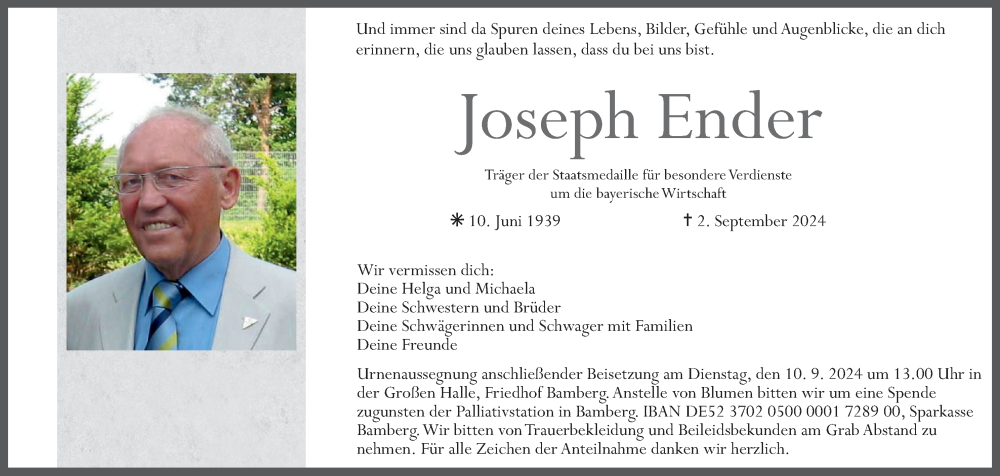  Traueranzeige für Joseph Ender vom 07.09.2024 aus MGO