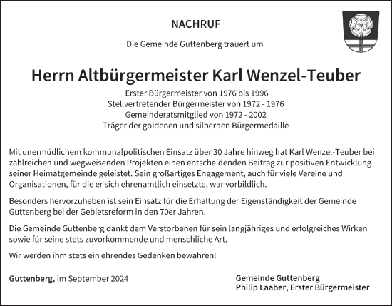 Anzeige von Karl Wenzel-Teuber von MGO